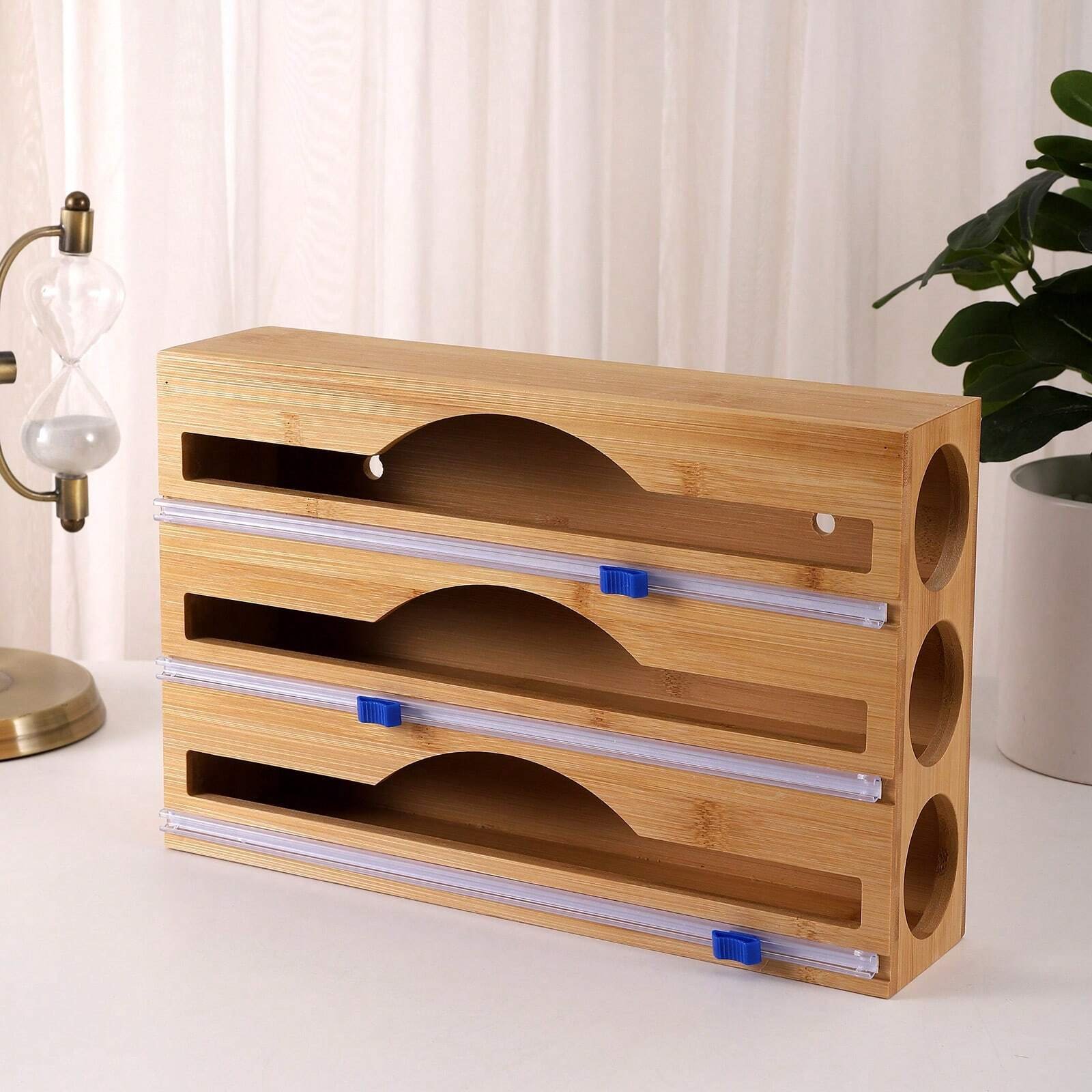 Organiseur 3-en-1 pour rouleaux – Bambou naturel & découpe facile