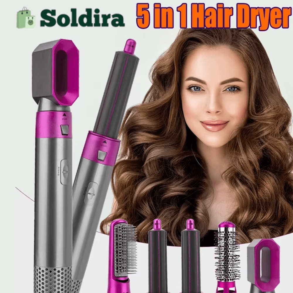 Sèche-Cheveux Professionnel 5 en 1 – Peigne à Air Chaud, Fer à Boucler et Lisseur