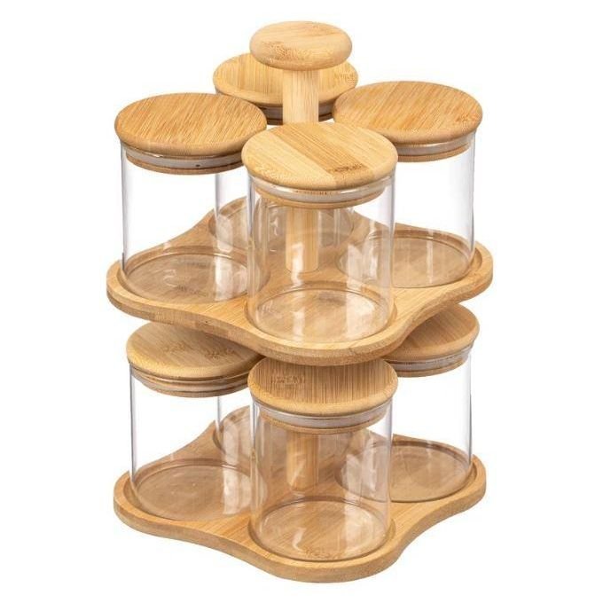 Organiseur d'épices en bambou – 2 niveaux avec 8 bocaux en verre