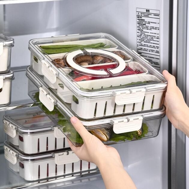 Boîte de rangement compartimentée pour réfrigérateur – Organisation optimale & fraîcheur prolongée